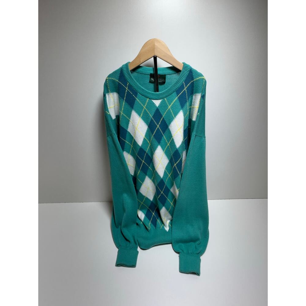 Vtg Grandpa Core Men’s Argyle Sweater Sz Large Golf 70’s Preppy Teal White